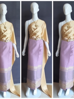 เช่า ชุดไทย ชุดเพื่อนเจ้าสาว ชุดไทยผ้าซิ่นสีเทาชมพู สไบเรียบทอง