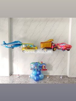 ลูกโป่ง วันเกิดเด็ก ฟอยล์รถ เเบบลอย 3 ชิ้น พร้อม ฟอยล์เครื่องบิน เเบบลอย 1 ชิ้น พร้อม ฟอยล์รถไฟ ตั้งฐาน 1 ชิ้น พร้อมตกเเต่ง สามารถเปลี่ยนสี-ฟอยล์ตกเเต่งได้