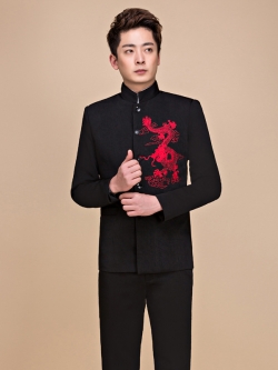 Pre-order ชุดสูทจีนชาย สีดำ ปักอกลายมังกรสีแดง คอปีน แขนยาว สไตล์จีน