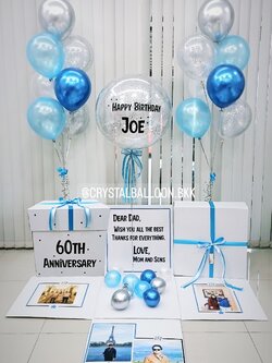 ลูกโป่ง Anniversary Surprise Box กล่องเซอร์ไพรส์วันครบรอบ Bubble ขนาด 24" Theme สีฟ้า พร้อมตกแต่ง ช่อลูกโป่ง 7 ลูก 2 ช่อ,ลูกโป่งใส ใส่กลิตเตอร์,สามารถใส่รูปได้ 4 ใบ สามารถเปลี่ยนสีลูกโป่ง/เปลี่ยนข้อความได้