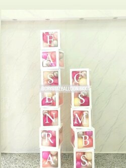 ลูกโป่ง เปิดงาน กล่องใส ขนาด 12" ติดตัวอักษร 12 กล่อง Theme สีชมพู พร้อมตกแต่ง สามารถเปลี่ยนสีลูกโป่ง/เปลี่ยนข้อความได้