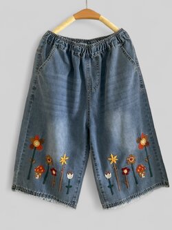 กางเกงยีนส์ลายปักดอกไม้