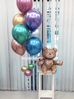 ลูกโป่ง วันเกิดเด็ก ช่อลูกโป่งสีโครเมี่ยม ช่อ 7 ลูก 1 ช่อ พร้อม ฟอยล์หมี นั่ง 1 ชิ้น พร้อมตกเเต่ง สามารถเปลี่ยนสีลูกโป่ง/เปลี่ยนฟอยล์ตกแต่งได้