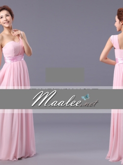 พร้อมส่ง ชุดราตรียาว เกาะอก ไหล่เดียว ผ้าชีฟองพลิ้วสวย คอ sweet heart แต่งเอวผ้าซาติน สีชมพูอ่อน