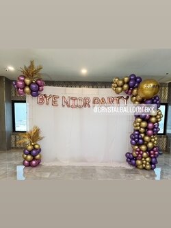 Organic Backdrop เปิดงาน ขนาด 3 เมตร พร้อม ฟอยล์ตัวอักษร ขนาด 16" 12 ตัวอักษร,ประดับใบไม้ทอง (ราคาไม่รวมฉาก) พร้อมตกแต่ง สามารถเปลี่ยนสีลูกโป่ง/เปลี่ยนข้อความได้