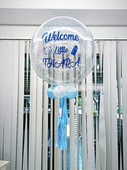 ลูกโป่ง Welcome Baby Bubble ขนาด 24" กลิตเตอร์สีเงิน พร้อมตกแต่ง สามารถเปลี่ยนสีลูกโป่ง/เปลี่ยนข้อความ/เปลี่ยนขนาดได้