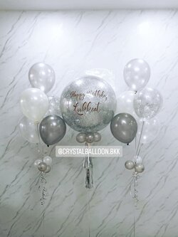 ลูกโป่ง วันเกิด Bubble ขนาด 24" สีเงิน พร้อมตกแต่ง ช่อลูกโป่ง 5 ลูก 2 ช่อ,ลูกโป่งใส ใส่กลิตเตอร์ สามารถเปลี่ยนสีลูกโป่ง/เปลี่ยนข้อความ/เปลี่ยนขนาดได้