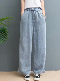 กางเกงยีนส์เดนิมผ้าฝ้าย Tencel ทรงหลวม