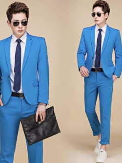 พร้อมเช่า ชุดสูทชาย สีฟ้าสด สไตล์เกาหลี กระดุมเดียว ไม่มีเสื้อกั๊ก
