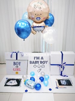 Gender Reveal ลูกโป่งทายเพศ แบบกล่อง พร้อมตกแต่ง สามารถใส่รูปได้ 2 ใบ สามารถเปลี่ยนสีลูกโป่ง/เปลี่ยนข้อความได้