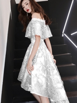 Pro-order เดรสสวย ถ่ายพรีเวดดิ้ง แบบบาดไหล่ หน้าสั้น-หลังยาว สวยหวาน ลูกไม้ (เชือกผูกหลัง)