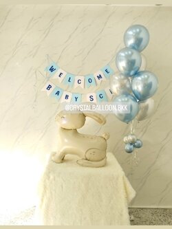 ลูกโป่ง Welcome Baby ป้ายธง ตัวอักษร 14 ตัวอักษร พร้อม ช่อลูกโป่งสีโครเมี่ยม ช่อ 7 ลูก 1 ช่อ พร้อม ฟอยล์กระต่าย ตั้งพื้น 1 ชิ้น พร้อมตกแต่ง สามารถเปลี่ยนสีลูกโป่ง/เปลี่ยนข้อความ/เปลี่ยนสี-ฟอยล์ตกแต่ง/เปลี่ยนสี-ป้ายธงได้