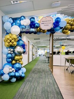 Organic Backdrop เปิดงาน Theme ฟ้า-น้ำเงิน-ทอง พร้อมตกแต่ง ราคาโทรสอบถาม สามารถเปลี่ยนสีลูกโป่ง/เปลี่ยนข้อความได้