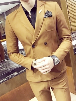 พร้อมเช่า ชุดสูทชาย สีน้ำตาลทอง กระดุม 2 แถว