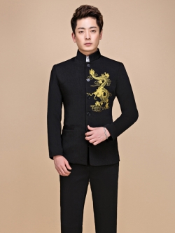 Pre-order ชุดสูทจีนชาย สีดำ ปักอกลายมังกรสีทอง คอปีน แขนยาว สไตล์จีน
