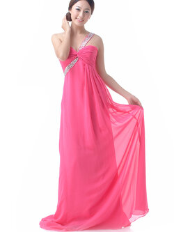 พร้อมเช่า ชุดราตรียาว เกาะอก ไหล่เดียว สีชมพู อกจับจีบ Sweet Heart คาดแถบเลื่อมสวยเก๋