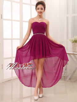 พร้อมเช่า ชุดราตรีสั้น เกาะอก หน้าสั้นหลังยาว สีม่วง อัดพลีตหน้าอก คาดเอวคริสตัล