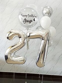 ลูกโป่ง วันเกิด Bubble ขนาด 24" Theme สีเงิน พร้อม ช่อลูกโป่ง ช่อ 7 ลูก 1 ช่อ,ฟอยล์ตัวเลข ขนาด 40" 2 ชิ้น พร้อมตกแต่ง สามารถเปลี่ยนสีลูกโป่ง/เปลี่ยนข้อความ/เปลี่ยนขนาด/เปลี่ยนสี-ฟอยล์ตัวเลขได้