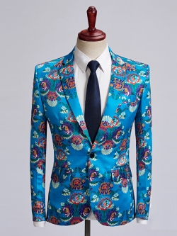 Pre-oder เฉพาะเสื้อสูท สูทชาย สีฟ้า พิมพ์ลายดอกไม้ แนวแฟนซี
