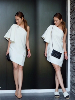 พร้อมส่ง ชุดออกงาน แบบเรียบหรู ปาดไหล่ สีขาว ใส่ได้ทั้งงานเช้า งานเย็น