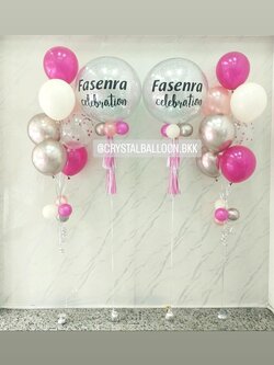 ลูกโป่ง เปิดงาน Bubble ขนาด 24" กลิตเตอร์สีเงิน 2 ลูก พร้อม ช่อลูกโป่ง ช่อ 7 ลูก 2 ช่อ Theme สีชมพู พร้อมตกแต่ง สามารถเปลี่ยนสีลูกโป่ง/เปลี่ยนข้อความ/เปลี่ยนขนาดได้