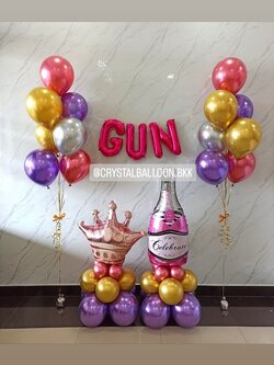 ลูกโป่ง อำลา ช่อลูกโป่งสีโครเมี่ยม ช่อ 7 ลูก 2 ช่อ พร้อม ฟอยล์ตัวอักษร ขนาด 16" 3 ตัวอักษร พร้อม ฟอยล์มงกุฎ ตั้งฐาน 1 ชิ้น,ฟอยล์ขวดไวน์ ตั้งฐาน 1 ชิ้น พร้อมตกแต่ง สามารถเปลี่ยนสีลูกโป่ง/เปลี่ยนสี-ฟอยล์ตัวอักษร-ฟอยล์ตกแต่งได้