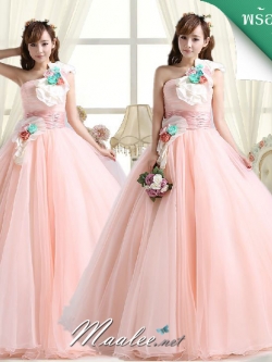 พร้อมเช่า ชุดแฟนซี ชุดราตรียาว ไหล่เฉียง สีชมพูอมส้ม Pastel สวยหวาน กระโปรงผ้าแก้วน่ารักมาก