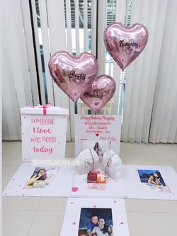 Happy Birthday Surprise Box กล่องเซอร์ไพรส์วันเกิด ฟอยล์หัวใจ ขนาด 18" สีพิ้งค์โกล พร้อมตกแต่ง สามารถใส่รูปได้ 4 ใบ (ไม่รวมเงิน,ทอง,และสิ่งของด้านใน) สามารถเปลี่ยนสีลูกโป่ง/เปลี่ยนข้อความได้