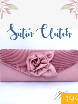 Sale พร้อมส่งEvening Clutch กระเป๋าออกงาน สีชมพูNude ผ้าซาตินอัดพลีต แต่งดอกกุหลาบ