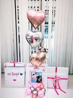 Surprise Box กล่องเซอร์ไพรส์แสดงความขอบคุณ พร้อมตกแต่ง ฟอยล์หัวใจ ขนาด 18" 3 ชิ้น,สามารถใส่รูปได้ 2 ใบ สามารถเปลี่ยนสีลูกโป่ง/เปลี่ยนข้อความได้