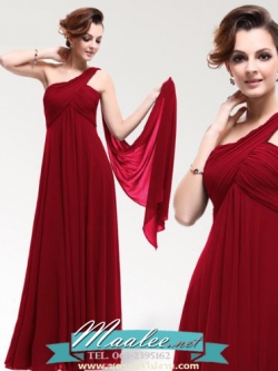 พร้อมเช่า ชุดราตรียาว เกาะอก ไหล่เดียว สีไวน์แดง ผ้าชีฟองจับเดรปไขว่ช่วงหน้าอก ทิ้งชายด้านหลัง (ซิปข้างลำตัว)