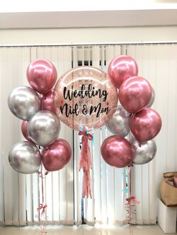 ลูกโป่ง งานแต่ง Bubble ขนาด 24" สีโรสโกล พร้อม ช่อลูกโป่งโครเมี่ยม ช่อ 7 ลูก 2 ช่อ พร้อมตกเเต่ง สามารถเปลี่ยนสีลูกโป่ง/เปลี่ยนข้อความ/เปลี่ยนขนาดได้