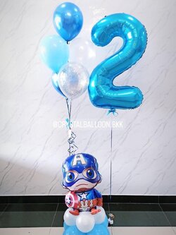 ลูกโป่ง วันเกิดเด็ก Theme Captain America ตั้งฐาน พร้อม ช่อลูกโป่ง 5 ลูก 1 ช่อ,สีใส ใส่กลิตเตอร์ พร้อมตกแต่ง ฟอยล์ตัวเลข ขนาด 40" 1 ชิ้น สามารถเปลี่ยนสีลูกโป่ง/เปลี่ยนสี-ฟอยล์ตกแต่ง/เปลี่ยนสี-ฟอยล์ตัวเลขได้