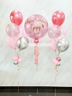 ลูกโป่ง วันเกิด Bubble ขนาด 24" Theme ชมพู พร้อมตกแต่ง ช่อลูกโป่ง 5 ลูก 2 ช่อ,ลูกโป่งใส ใส่กลิตเตอร์ สามารถเปลี่ยนสีลูกโป่ง/เปลี่ยนข้อความ/เปลี่ยนขนาดได้