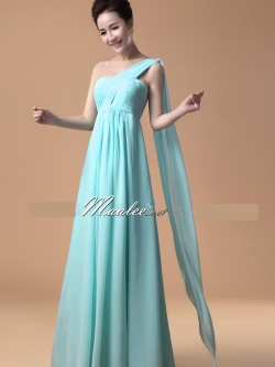 พร้อมเช่า ชุดราตรียาว เกาะอก ไหล่เดียว อกอัดพลีท ทิ้งชายด้านหลัง สีฟ้า