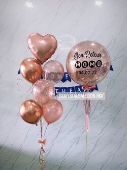 ลูกโป่ง Welcome Home Bubble ขนาด 24" สีโรสโกล พร้อม ช่อลูกโป่งฟอยล์หัวใจ ขนาด 18" 1 ช่อ พร้อมตกแต่ง ป้ายธง 21 ตัวอักษร สามารถเปลี่ยนสีลูกโป่ง/เปลี่ยนข้อความ/เปลี่ยนขนาดได้
