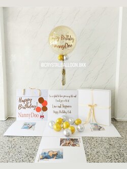Happy Birthday Surprised Box Bubble ขนาด 24" กลิตเตอร์สีทอง พร้อมตกแต่ง สามารถใส่รูปได้ 4 ใบ สามารถเปลี่ยนสีลูกโป่ง/เปลี่ยนข้อความได้