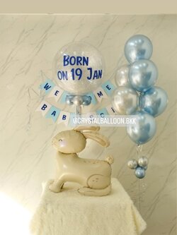 ลูกโป่ง Welcome Baby Bubble ขนาด 24" กลิตเตอร์สีเงิน 1 ลูก พร้อม ป้ายธง ตัวอักษร 14 ตัวอักษร,ฟอยล์กระต่าย ตั้งพื้น 1 ชิ้น,ช่อลูกโป่งสีโครเมี่ยม ช่อ 7 ลูก 1 ช่อ พร้อมตกแต่ง สามารถเปลี่ยนสีลูกโป่ง/เปลี่ยนข้อความ/เปลี่ยนขนาด/เปลี่ยนสี-ป้ายธงได้
