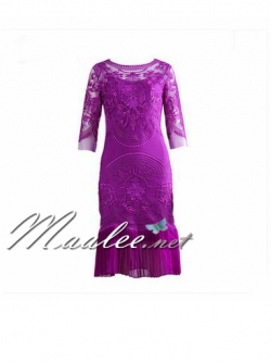พร้อมส่ง ชุดราตรีสั้น/แขนยาว สี ม่วง ลูกไม้ทั้งชุด กระโปรงอัดพลีท (เหลือเฉพาะไซส์ 2XL)