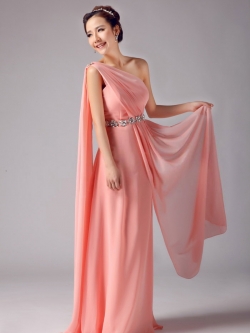 พร้อมเช่า ชุดราตรียาว ไหล่เดียว สีโอรส จับเตรปสไตล์กรีก คาดคริสตัลช่วงเอว