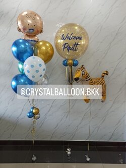ลูกโป่ง Welcome Baby Bubble ขนาด 24'' กลิตตอร์สีทอง พร้อม ช่อลูกโป่งฟอยล์เด็ก ช่อ 7 ลูก 1 ช่อ พร้อมตกแต่ง ฟอยล์เสือใหญ่ 1 ชิ้น สามารถเปลี่ยนสีลูกโป่ง/เปลี่ยนข้อความ/เปลี่ยนขนาด/เปลี่ยนฟอยล์ตกแต่งได้