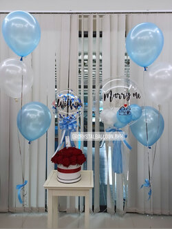 ลูกโป่ง ขอแต่งงาน Will You Marry Me? Theme สีฟ้า-ขาว มาพร้อม Flower Box พร้อมตกแต่ง สามารถเปลี่ยนสีลูกโป่ง/เปลี่ยนข้อความ/เปลี่ยนชนิดดอกไม้ได้