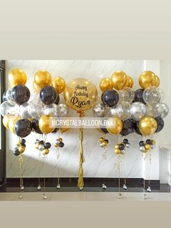 ลูกโป่ง วันเกิด Bubble ขนาด 36" กลิตเตอร์สีทอง 1 ลูก พร้อม ช่อลูกโป่งสีโครเมี่ยม ช่อ 7 ลูก 10 ช่อ Theme สีดำ-ทองโครเมี่ยม พร้อมตกแต่ง สามารถเปลี่ยนสีลูกโป่ง/เปลี่ยนข้อความ/เปลี่ยนขนาดได้