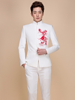 Pre-order ชุดสูทจีนชาย สีขาว ปักอกลายมังกรสีแดง คอปีน แขนยาว สไตล์จีน