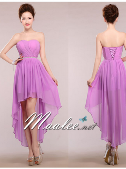 พร้อมเช่า ชุดราตรีสั้น เกาะอก หน้าสั้นหลังยาว สีม่วงอ่อน อัดพลีตหน้าอก คาดเอวคริสตัล