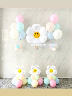 ลูกโป่ง วันเกิดเด็ก ฟอยล์ดอกเดซี่ ตั้งเดี่ยว 1 ชิ้น พร้อม ฟอยล์ดอกเดซี่จิ๋ว ตั้งฐาน 3 ชิ้น,ช่อลูกโป่ง ช่อ 5 ลูก 2 ช่อ Theme สีพาสเทล พร้อมตกแต่ง สามารถเปลี่ยนสีลูกโป่ง/เปลี่ยนข้อความได้