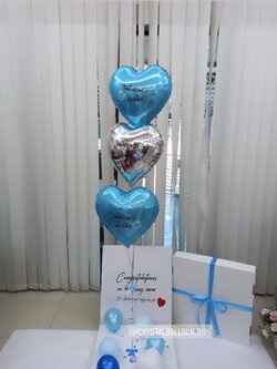 Surprise Box กล่องเซอร์ไพรส์แสดงความยินดี ฟอยล์หัวใจ 3 ชิ้น สีฟ้า-สีเงิน พร้อมตกแต่ง สามารถใส่รูป 2 ใบ สามารถเปลี่ยนสี-ฟอยล์ตกแต่ง/เปลี่ยนข้อความได้