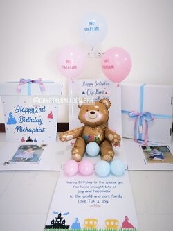 Happy Birthday Surprise Box กล่องเซอร์ไพรส์วันเกิดเด็ก พร้อม ฟอยล์หมี Happy 1 ตัว พร้อมตกแต่ง ลูกโป่ง 3 ลูก,สามารถใส่รูปได้ 3 ใบ สามารถเปลี่ยนสีลูกโป่ง/เปลี่ยนฟอยล์ตกแต่ง/เปลี่ยนข้อความได้