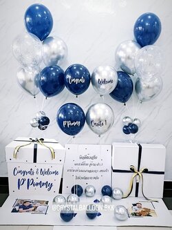 Surprise Box กล่องเซอร์ไพรส์ในโอกาสต่างๆ Theme Dark Blue พร้อมตกแต่ง ช่อลูกโป่ง 5 ลูก 2 ช่อ สามารถใส่รูปได้ 3 รูป สามารถเปลี่ยนสีลูกโป่ง/เปลี่ยนข้อความได้