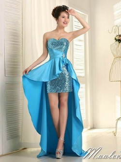 พร้อมเช่า ชุดราตรีสั้น เกาะอก เซ็กซี่หน้าสั้นหลังยาว แต่งเลื่อมประดับเข็มกลัด สีฟ้า